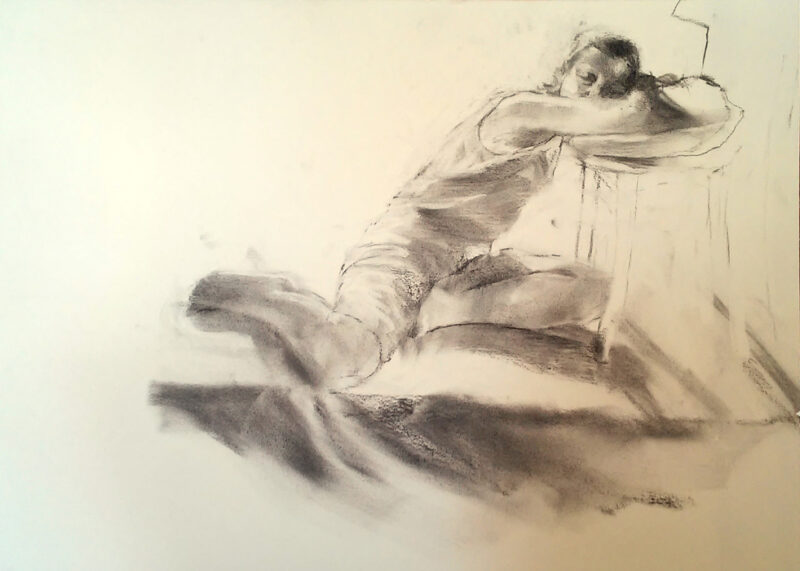 Charcoal drawing of a woman leaning on a stool