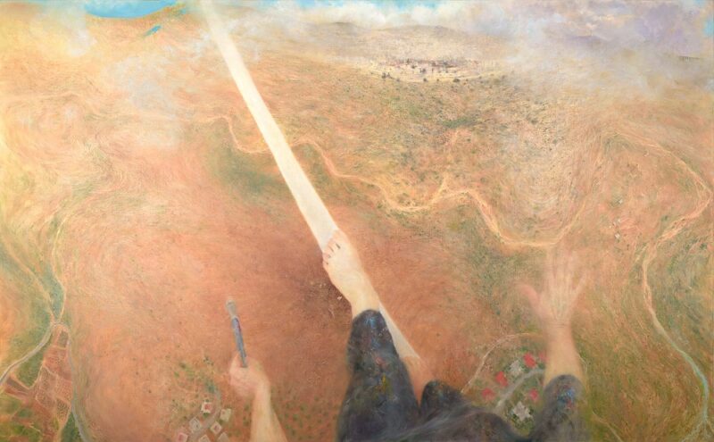 רות קסטנבאום בן-דב, ארץ ציור, , 2019, שמן על בד, 105/170 ס"מ; דמות ציירת הולכת על רצועה מעל לנופי הגליל התחתון.