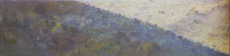 Long narrow horizontal painting of mountainside in shadow