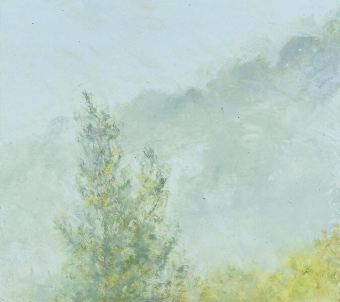 Foggy scene in grey tints, with a silhouette of a tree in foreground and diagonal slope behind. 