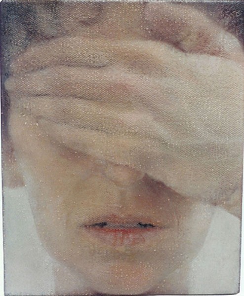 רות קסטנבאום בן-דב, שמע, 1997, שמן על בד, 19/15 ס"מ; ציור של כיסוי פנים בעת תפילה, מתח בין ראיה לתפילה, אמנות ויהדות.