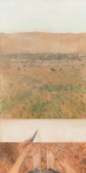 רות קסטנבאום בן-דב, ציור נוף (יום), 2020, שמן על בד, 140/70 ס"מ; דמות מול נוף עם יד מציירת ובד ריק