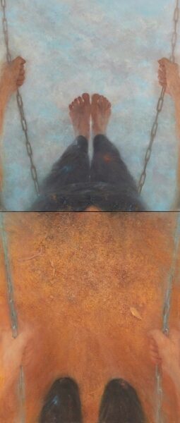 רות קסטנבאום בן-דב, נד נד 1, 2019, שמן על בד, שני חלקים, 140/60 ס"מ (כולל); שמים ואדמה מנקודת מבט של דמות מתנדנדת בנדנדה.