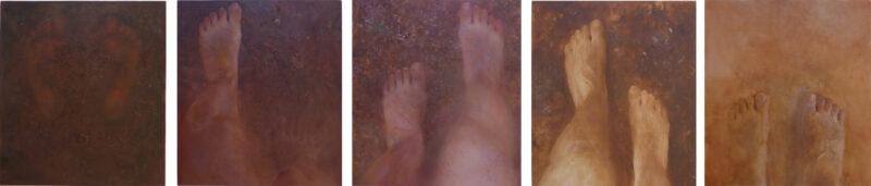 Five canvases portray barefoot feet walking on the ground.