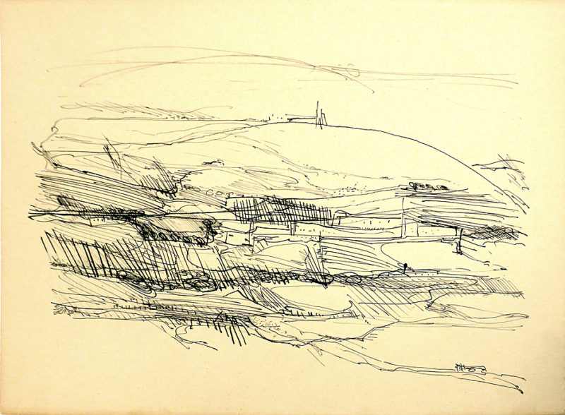 Ink sketch by Moshe Kupferman from 1963, with a view of the Western Galilee landscape.