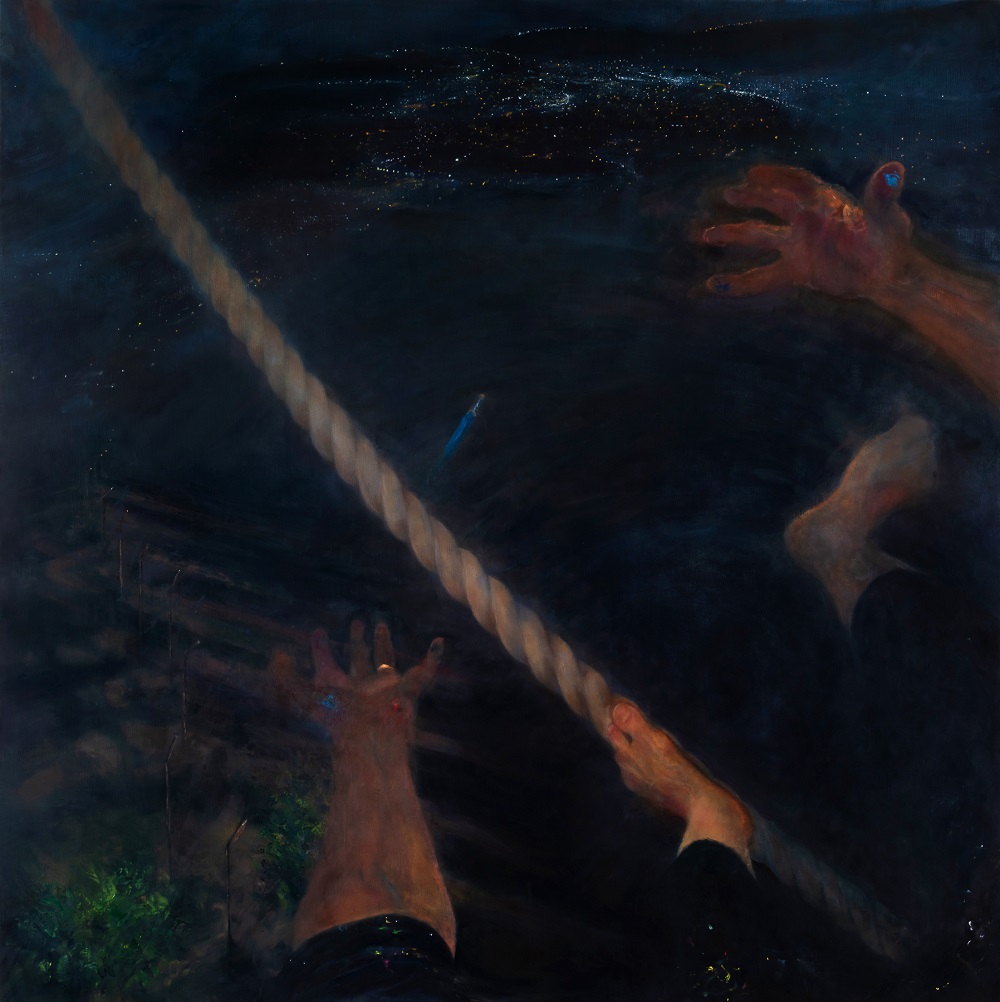 Dark night landscape with light rope cutting across it diagonally, and flailing body parts indicating a figure about to fall off the rope.