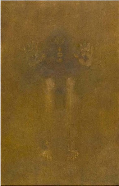 Light brown wash of color with image of hands, knees and face imprinted on it