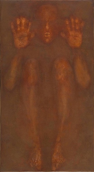 Burnt sienna brown wash of color with image of hands, knees and face imprinted on it