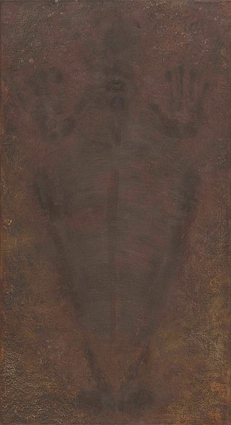 Brown painting of soil with images of hands, knees and face imprinted on it