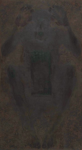 Dark brown wash of color with image of hands, knees and face imprinted on it, and rectangular dark area at center