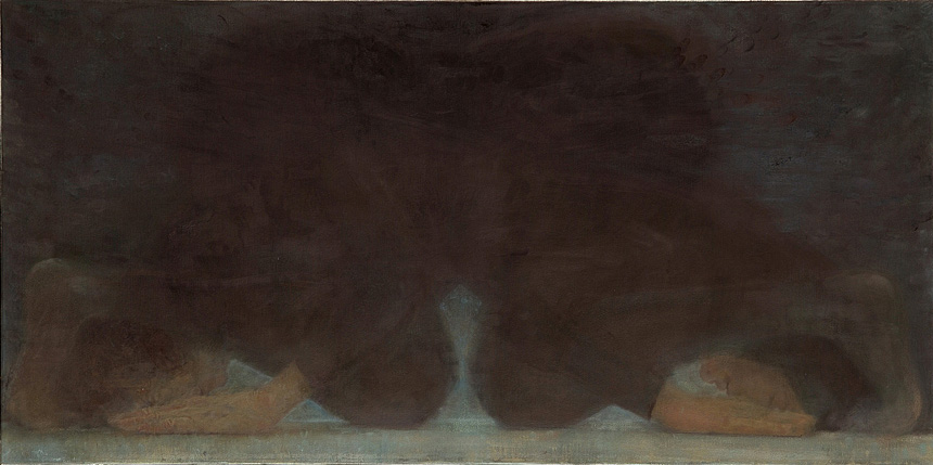 Image of two women in black, kneeling in opposite directions in a horizontal composition