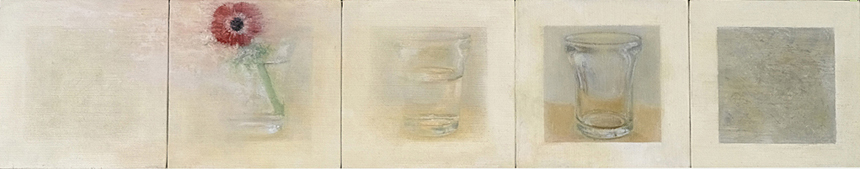5-part work with flower in glass emerging from empty square. 