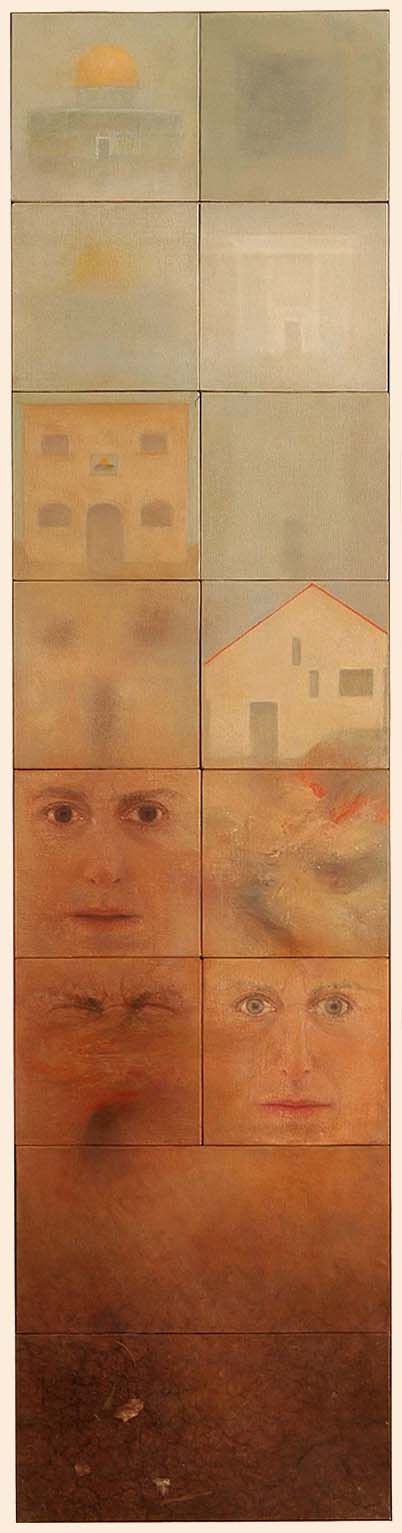 13-part painting with historic and personal images of buildings, faces and earth, clear vs. erased.