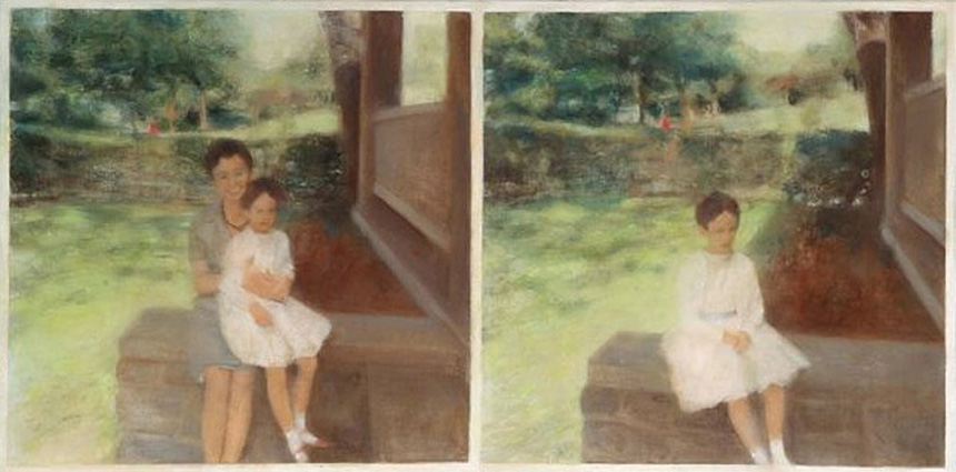 Painting of two childhood photos of young girl, one on mother's lap and one alone,