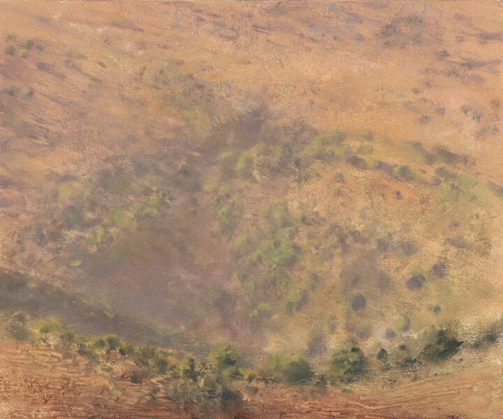 צל סגלגל יוצר קשת העולה משמאל כלפי מרכז, צלע ההר היורד לואדי.