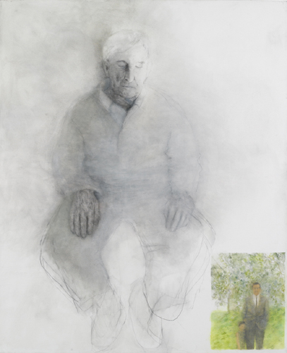 ציור רישומי של האב המבוגר בגווני אפור, ובפינה דימוי צבעוני של האב והבת לקוח מצילום ישן