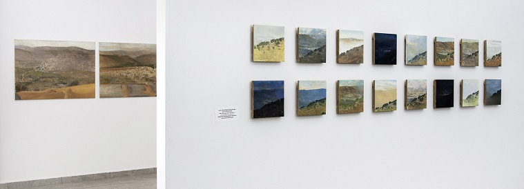 A view of the exhibition, with 16 small landscapes on one wall, behind which a diptych of landscape.