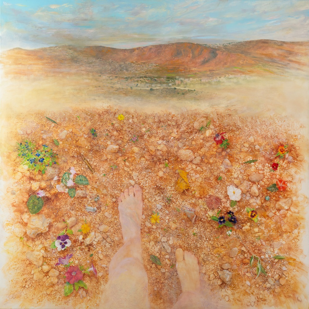 Bare feet at bottom of canvas walk on intricately depicted ground with flowers, rocks, and small objects. Toward the top of the canvas is a break, above which a distant landscape and sky. 