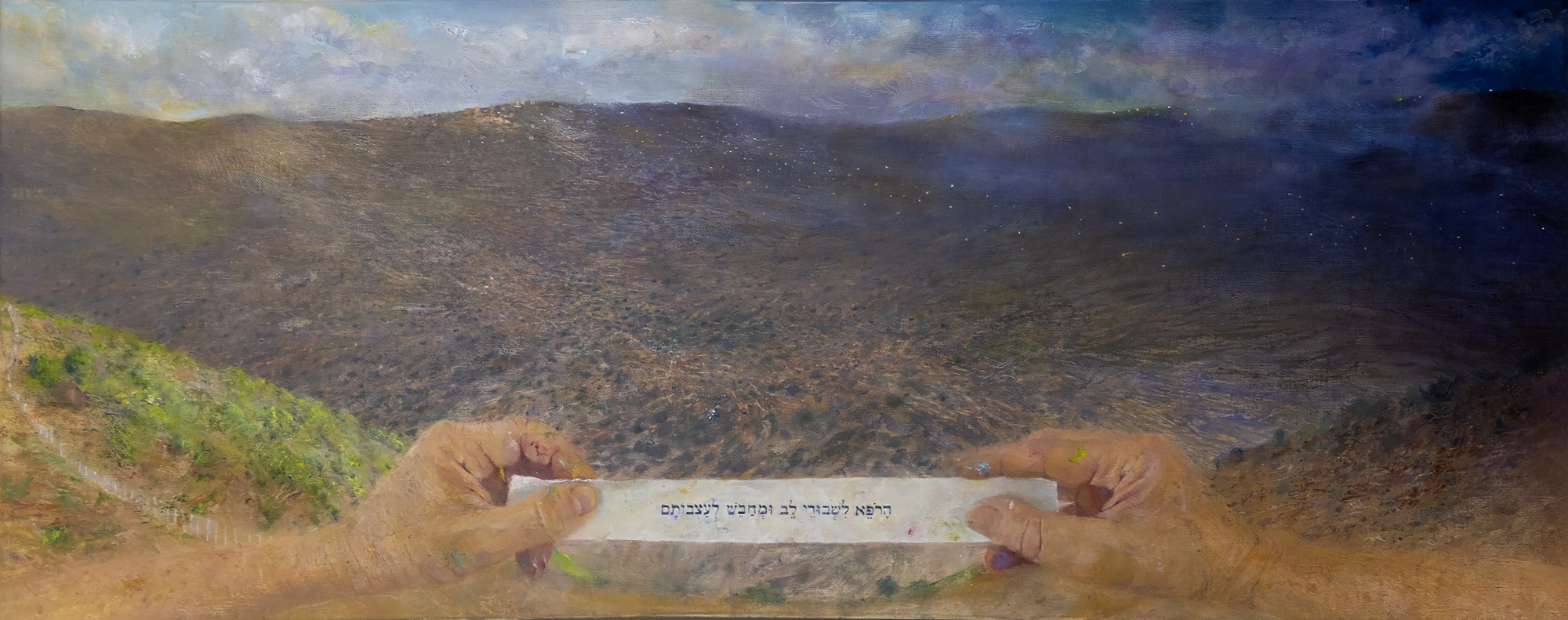 Two hands in foreground hold note, beyond them is mountainous landscape with light changing from night to dawn.