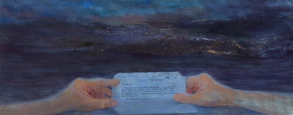 Two hands holding a letter against a nighttime cloudy landscape