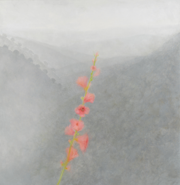 נוף מזיכרון מנסיעה במכונית, 2011; ציור נוף ערפלי עם פרח ורוד בחזית