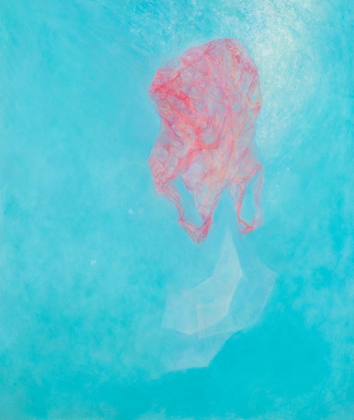 Turquoise background with amorphic pink shape, image of an upside-down plastic bag, with almost-disaappearing white pages falling out of it. 