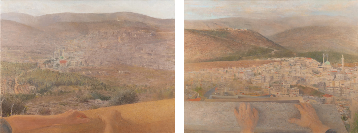 Two horizontal landscapes with hands of the artist leaning on the rooftop bannister at foreground