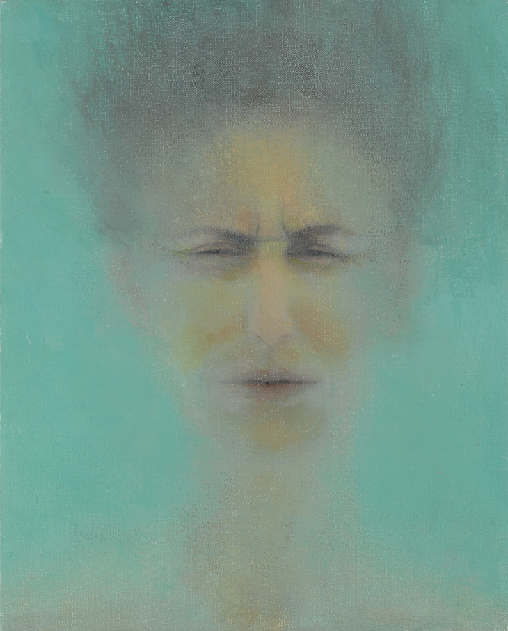 Immersion 2, 1996, oil on canvas, 44 X 32 cm` image of face of woman immersing in ritual bath (mikve)