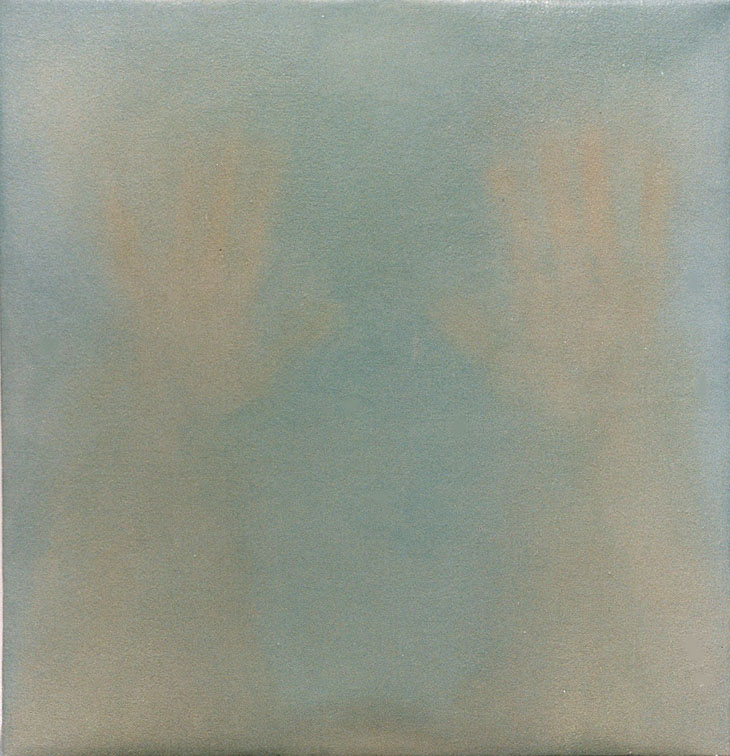 Immersion 3, 1997, oil on canvas, 45 X 44 cm; image of hands and body immersing in ritual bath (mikveh)