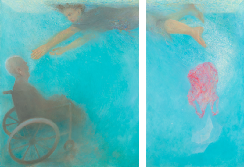 Two canvases portray swimming figure reaching down to figure of elderly man underwater