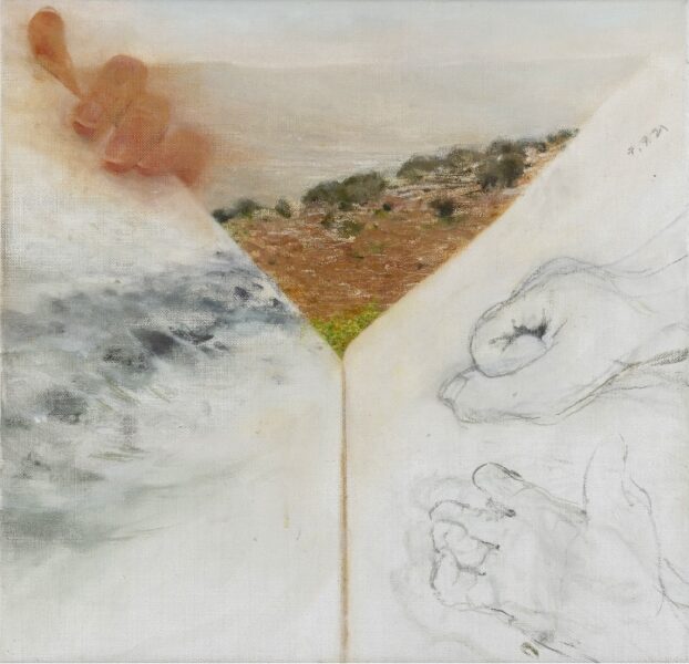 white shape of two pages with drawings of hands and landscape, leaving a triangular shape at top, with landscape and a hand holding the sketchbook. 