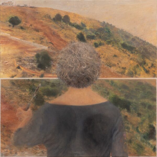 Figure from behind painting the Galilee landscape with shadow of a couple on her back.