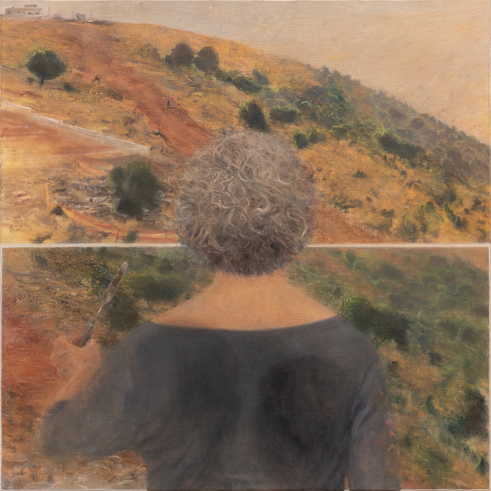 רות קסטנבאום בן-דב, צל הרים/הורים, 2020, שמן על בד, 70/70 ס"מ. דמות מציירת נוף עם צל כפול על גבה