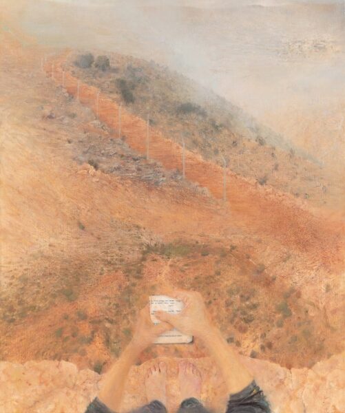 Ruth Kestenbaum Ben-Dov, Shomer Yisrael, 2020, oil on canvas, 120 X 100 cm/47" X 39"; Galilee landscape from the vantage point of figure praying