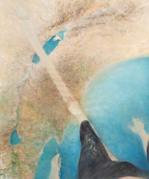 Ruth Kestenbaum Ben-Dov, Tightrope, 2020; figure walking on tightrope with aerial view of Israel